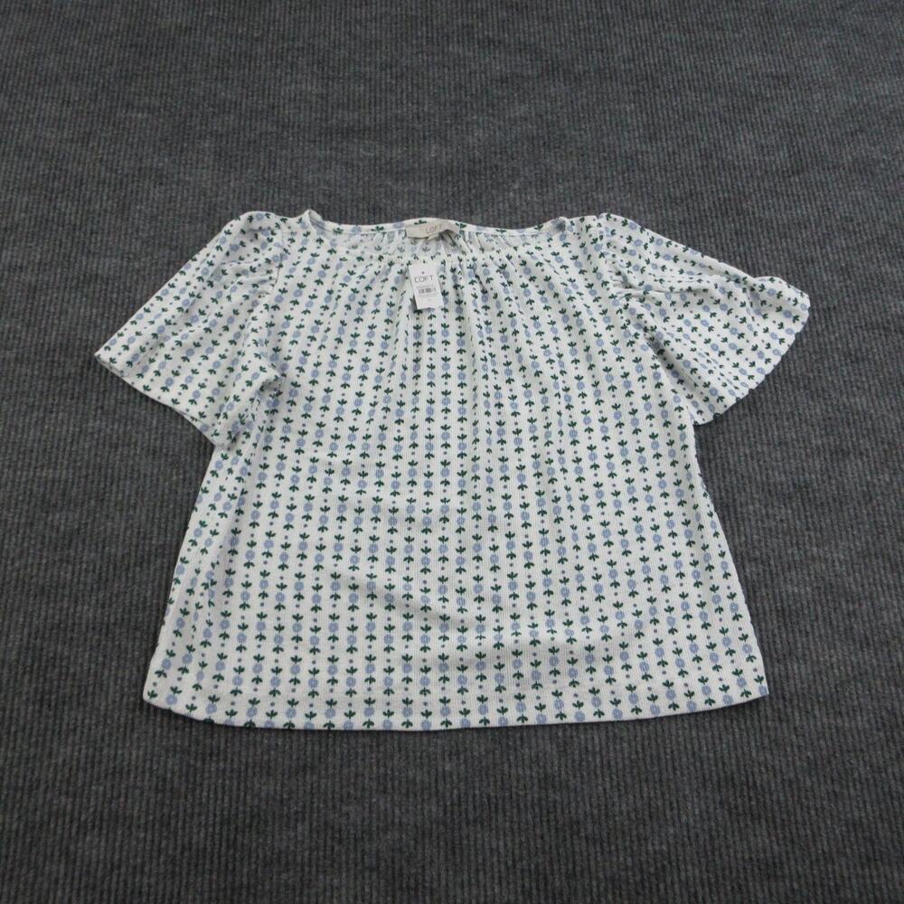 LOFT Blouse Womens M White Floral Short Sleeve Jersey Round Neck Relaxed NWT